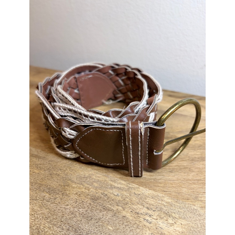 Boho Crochet Lace Braided Belt Brown Cream Faux Leather Brass Buckle 0-1